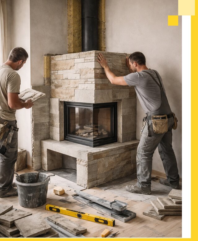 Угловые камины под ключ проект, монтаж и отделка в Кыштыме