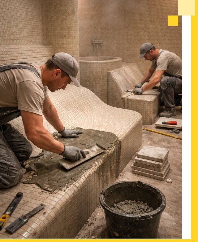 Лежаки для хамама под ключ в Кыштыме, проект и монтаж